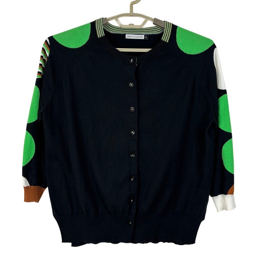 Zaket & Plover Cardigan Black Green Medium 3/4 sleeve combed cotton